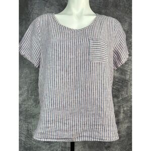 Nicole Miller 100% Linen Blouse Women Medium Blue Red Stripe Short Sleeve Boxy